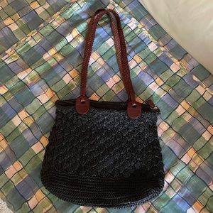 Talbots navy handbag. Beautiful woven fabric with leather shoulder straps.